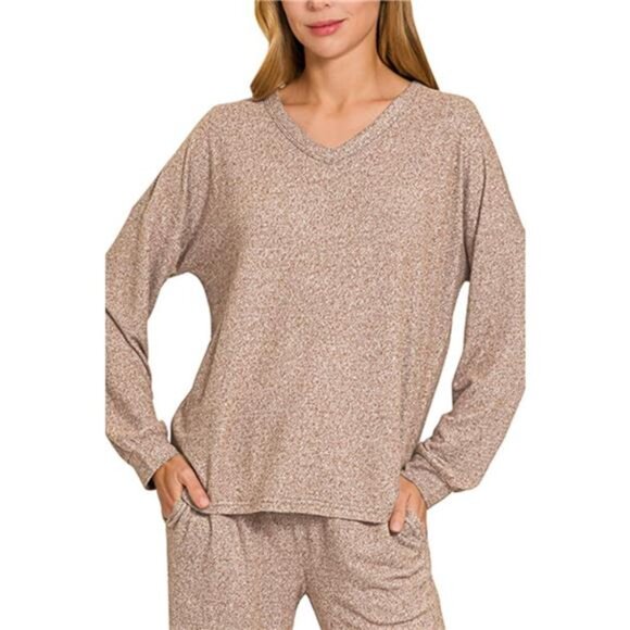 Zenana Soft Melange Long Sleeve Tee & Pants Set - Picture 2 of 2